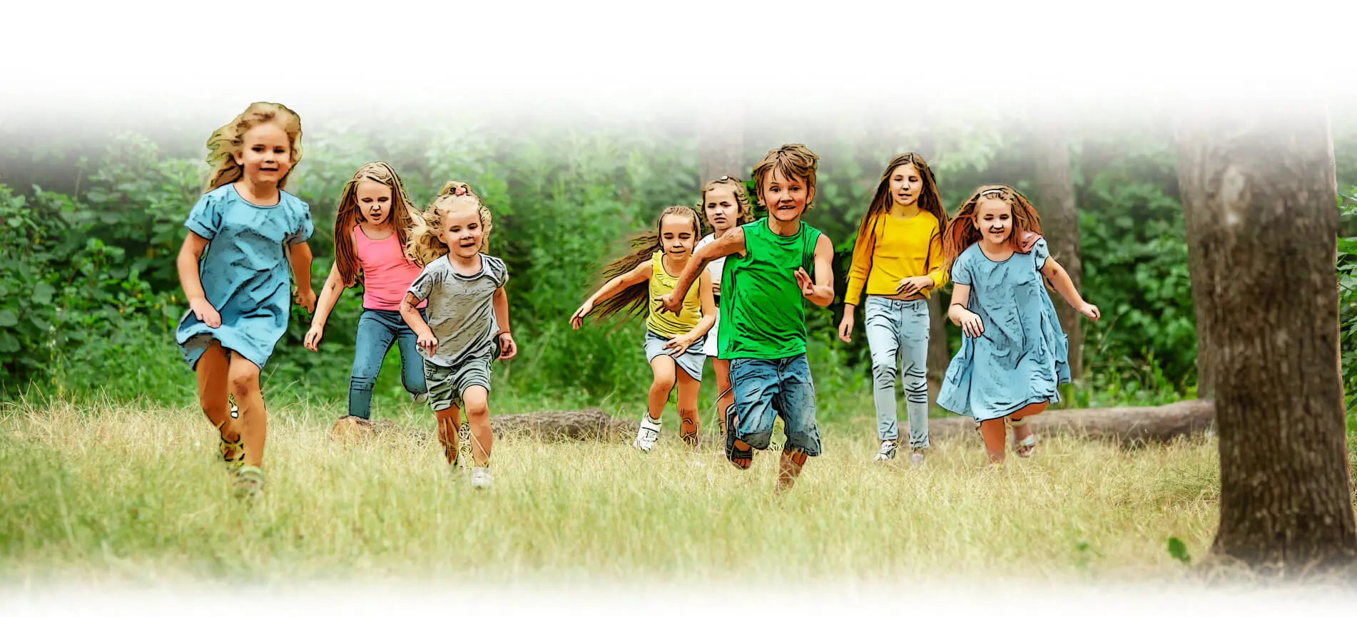 Children running and playing in a field